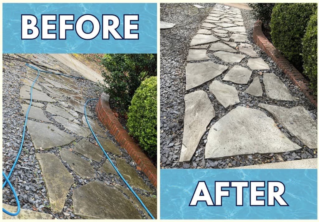 Before and after flagstone walkway pressure washing showing restored stone color