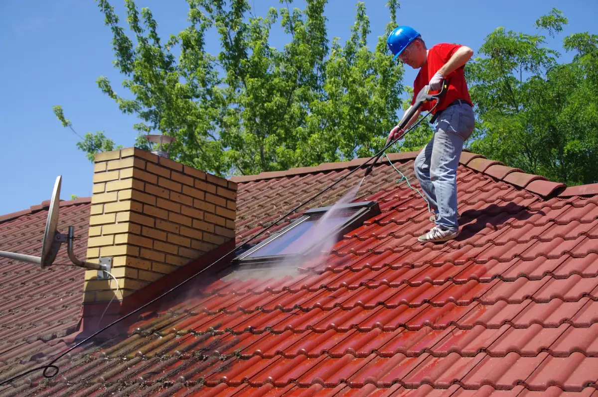 Soft washing a mossy tile roof to remove organic growth